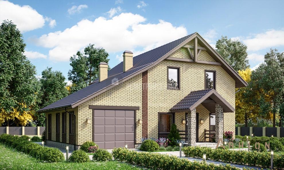 2. Проект одноэтажного дома в стиле шале с двускатной кровлей, t-37-01, площадью - 150 кв c мансардой, терассой, балконом, гаражом